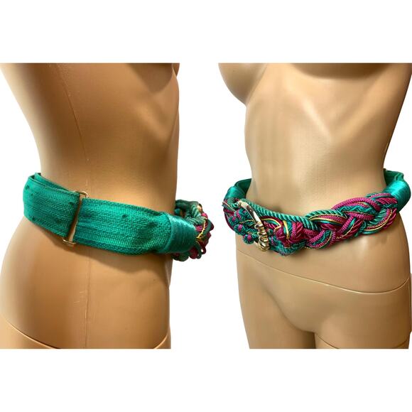 80s Boho Gypsy Teal Fuchsia and Gold Cord Knot Obi Belt - Picture 6 of 8